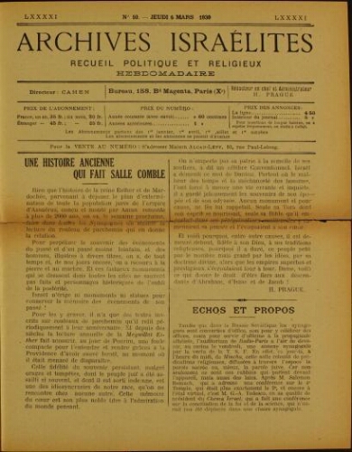 Archives israélites de France. Vol.91 N°10 (06 mars 1930)
